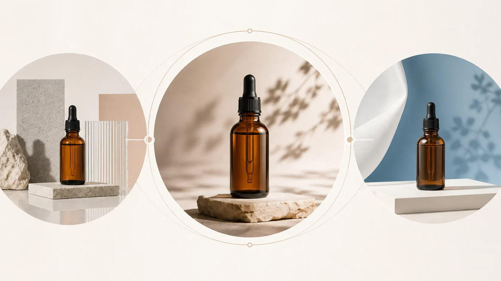 Editorial cover showing one amber product moving through three photorealistic scene directions. | Whisk AI