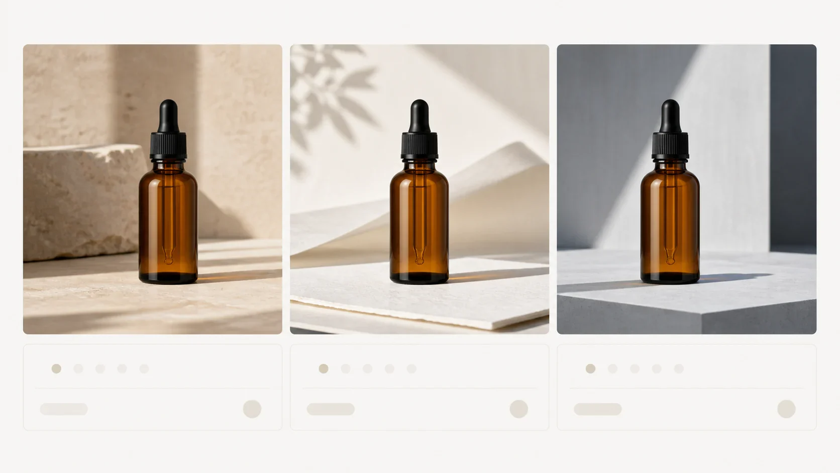 Editorial comparison board showing the same product brief across three equal product-scene paths and one shared review scorecard. | Whisk AI