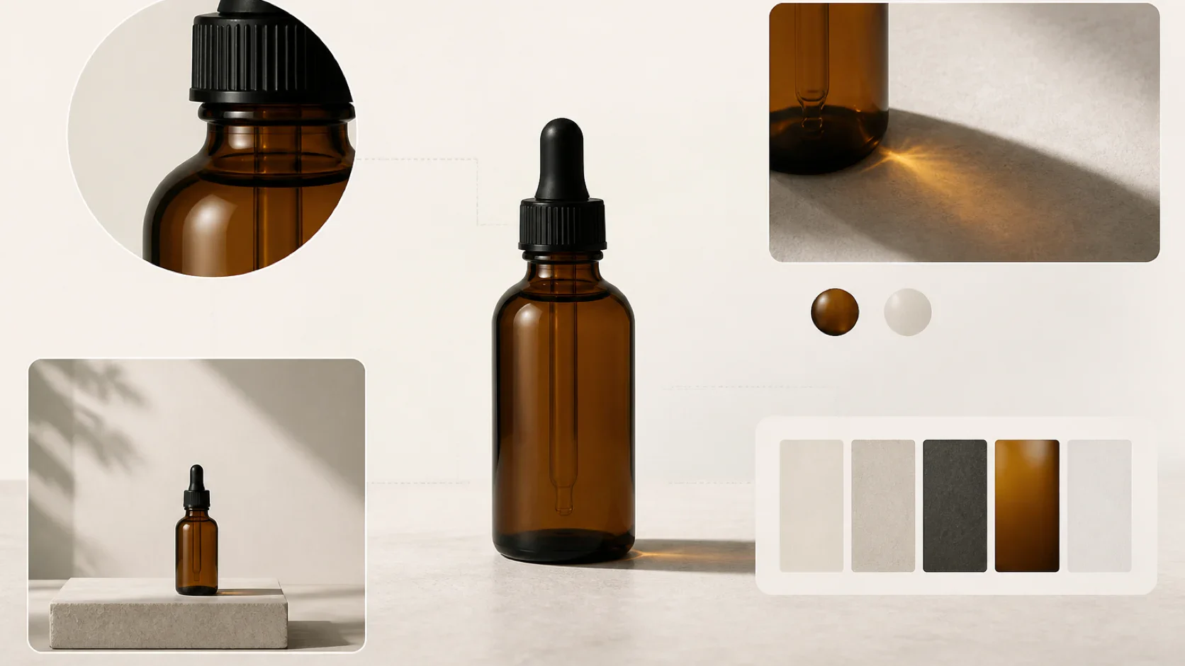Editorial product study showing a stable bottle, close detail, light and shadow, composition, and material references. | Whisk AI