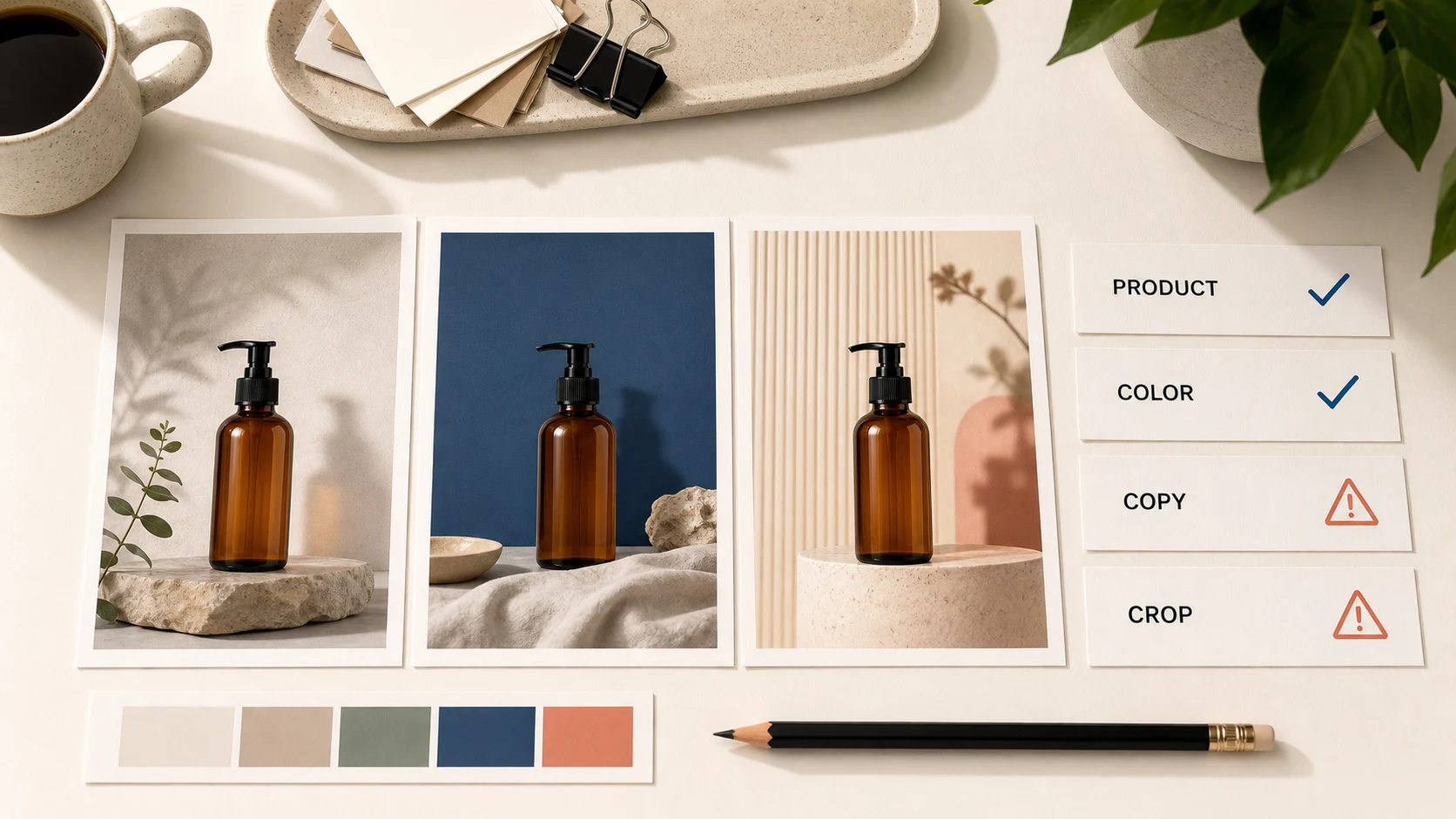 Editorial approval desk scoring product, color, copy, and crop before a brand visual is approved. | Whisk AI