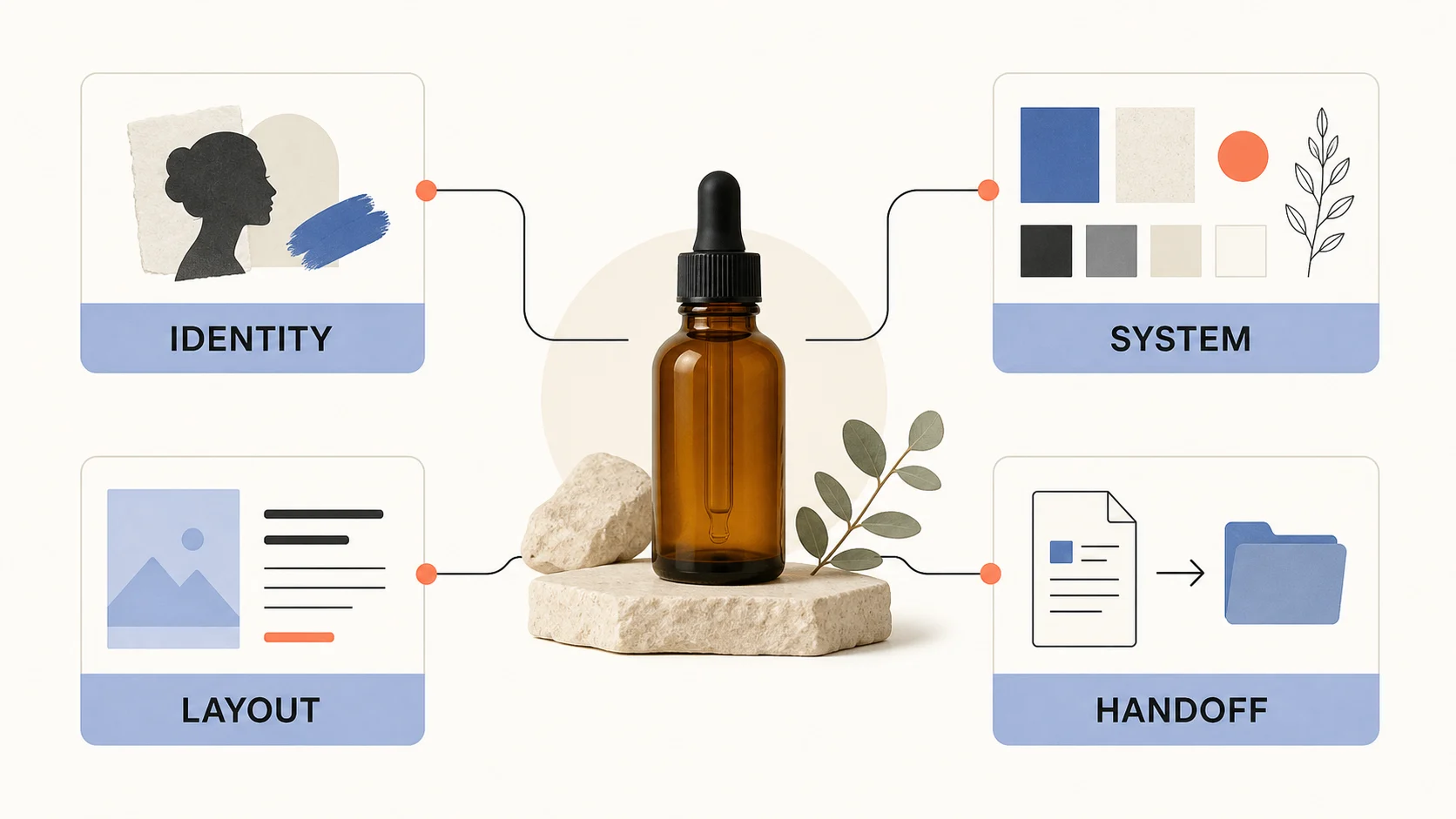 Editorial diagram showing identity, system, layout, and handoff as four brand-visual review dimensions. | Whisk AI