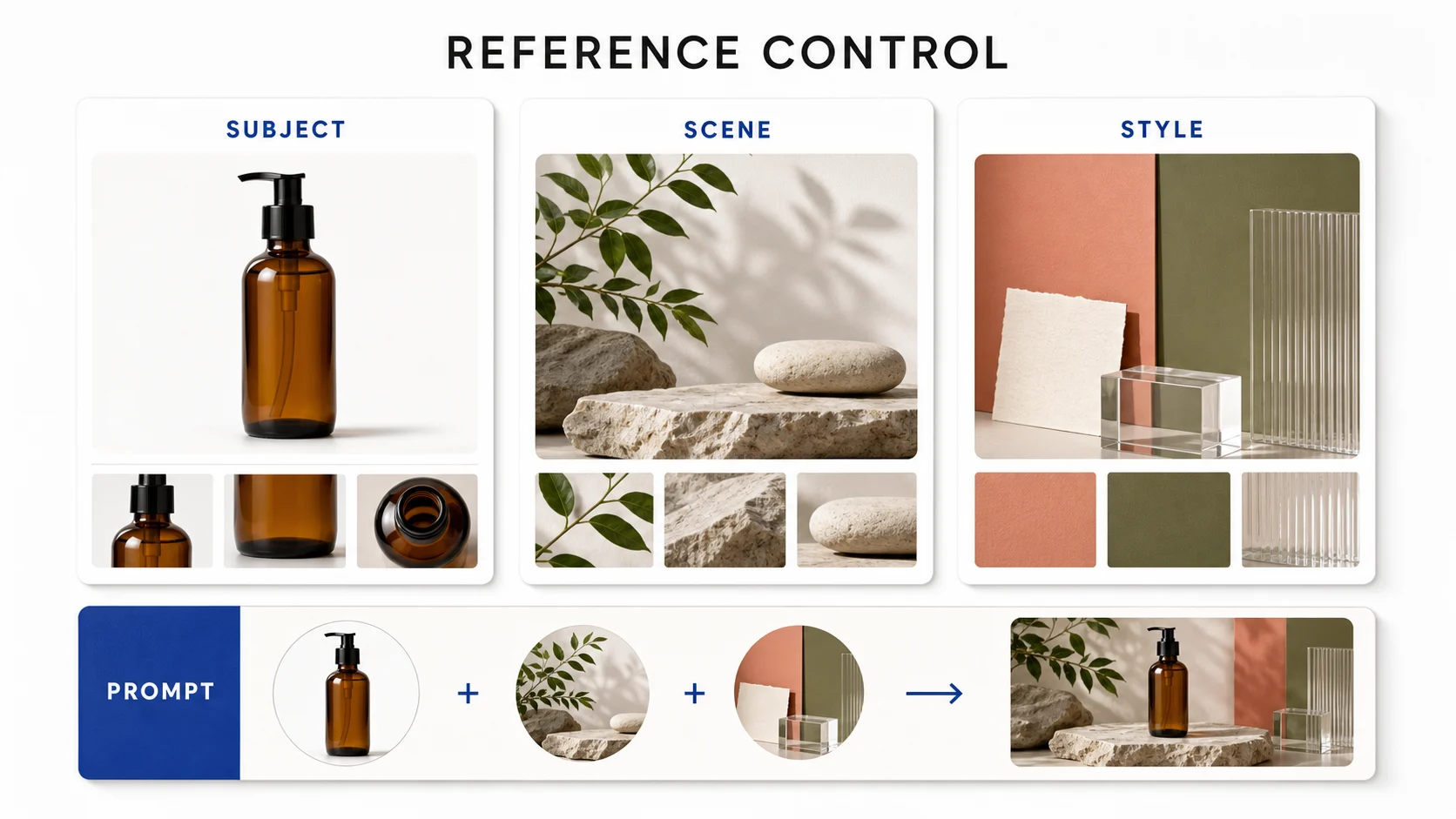 Ilustración del control de referencias que muestra los roles de Sujeto, Escena, Estilo y Prompt. | Whisk AI