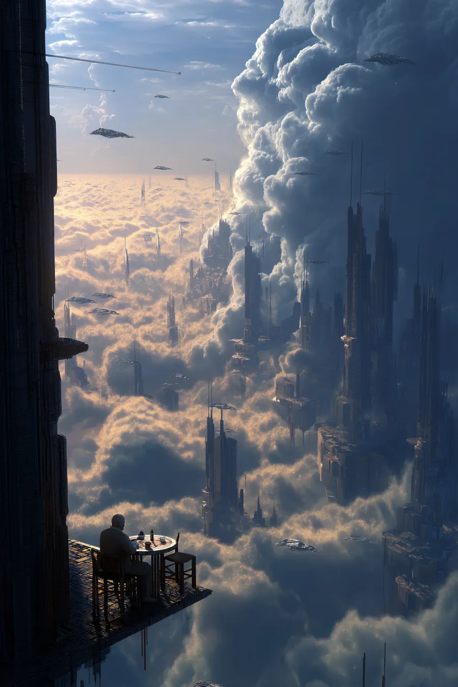 Solitude above a vast ecumenopolis