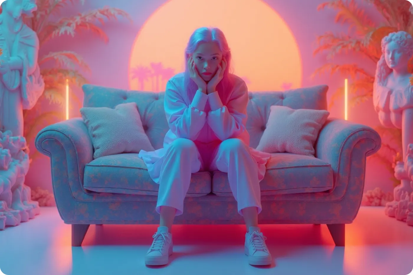 A neon dreamer in a sculptural room