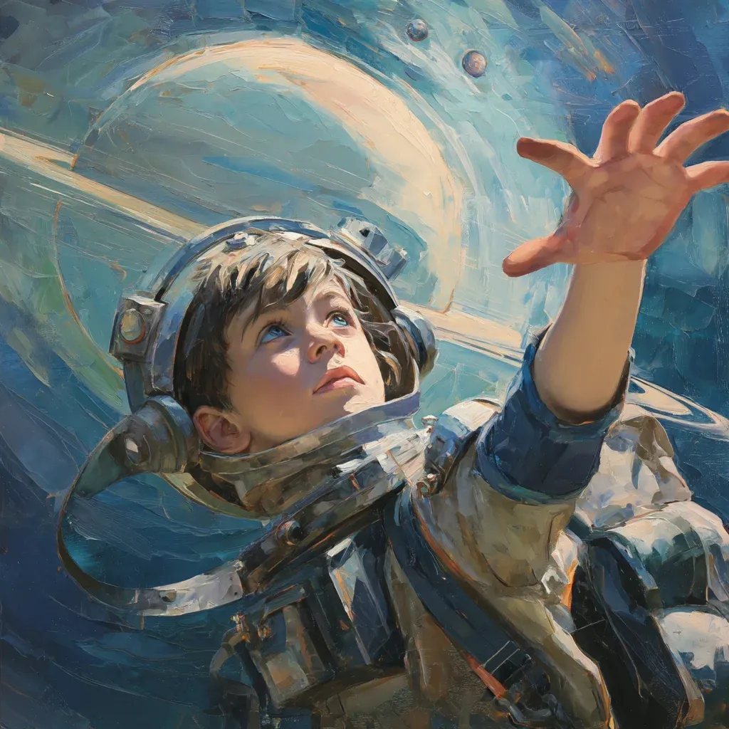 A young astronaut reaching toward Saturn