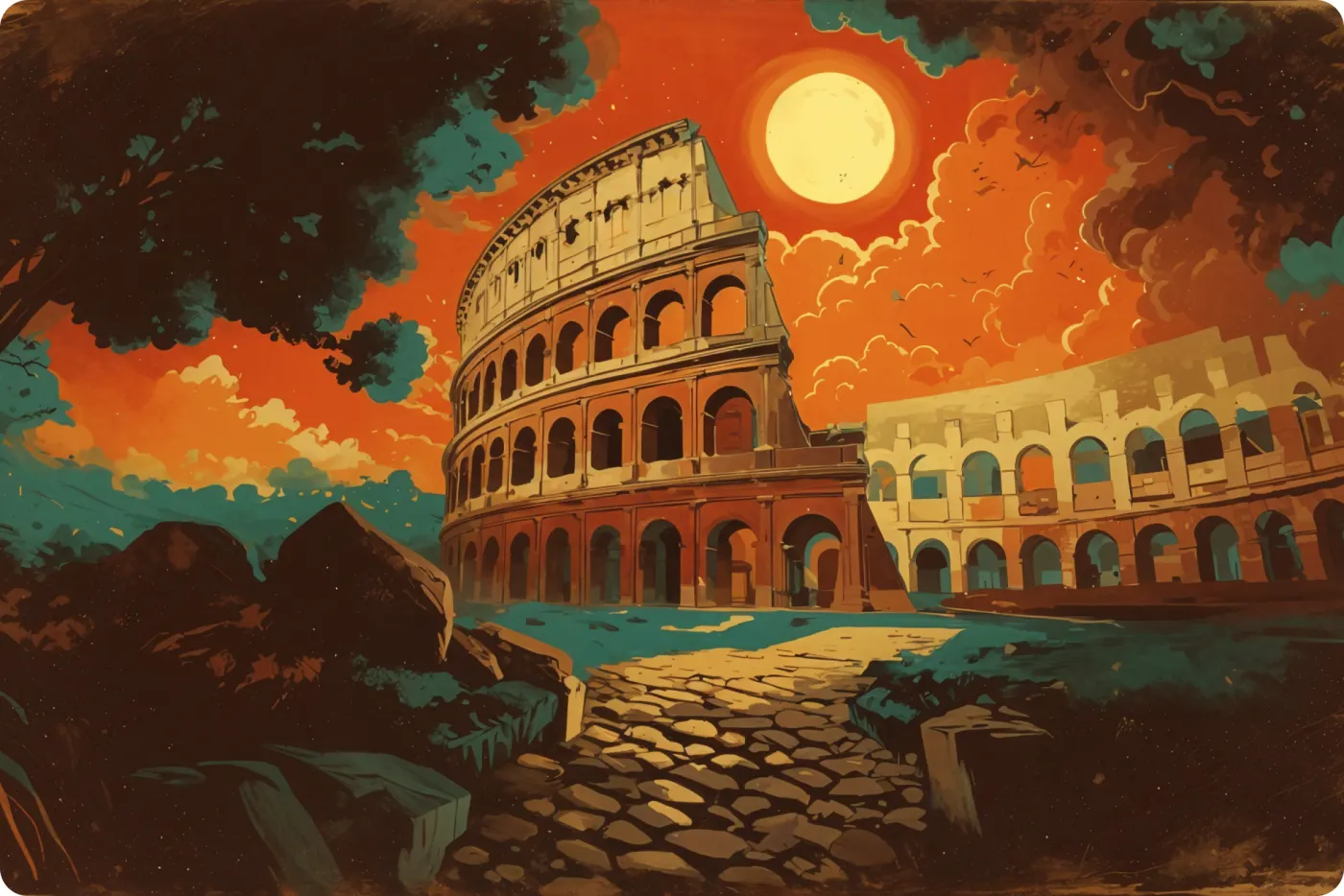 The Colosseum beneath a painted sunset